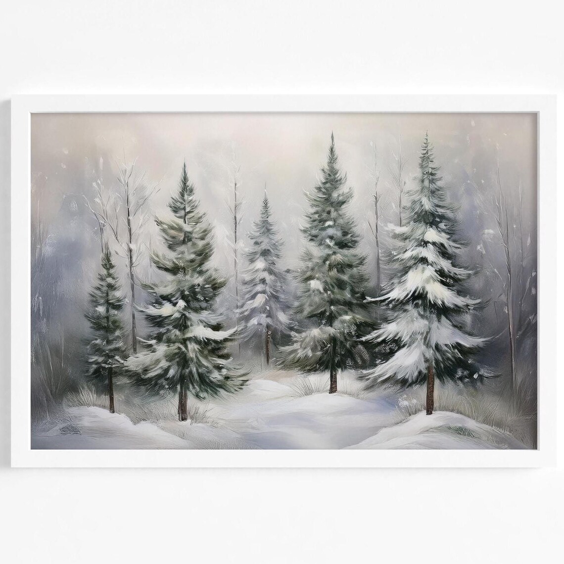 Snowy Pine Forest Winter Wonderland Frosted Trees Painting Poster