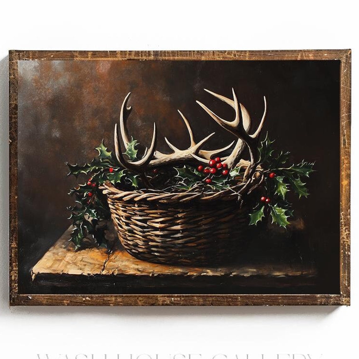 Rustic Wicker Basket with Deer Antlers and Holly Berries Poster