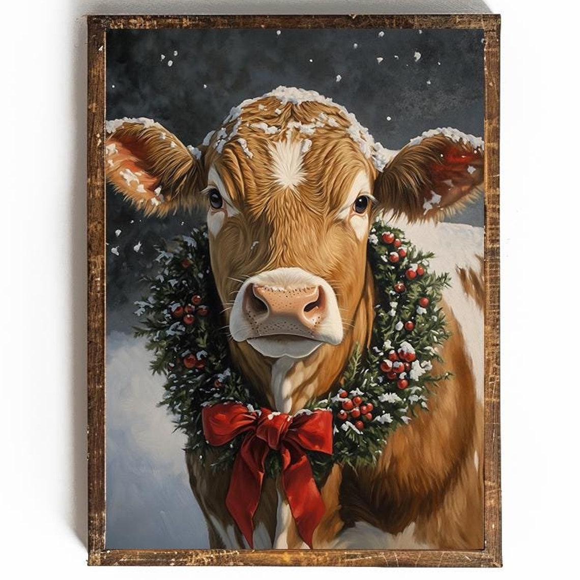 Funny Cow with Christmas Wreath and Red Bow in Snowfall Poster