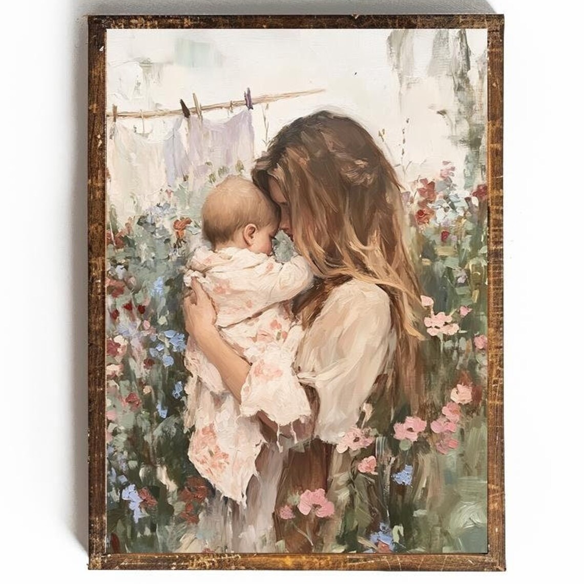 Mother Kissing Baby In Flower Garden Vintage Motherhood Poster