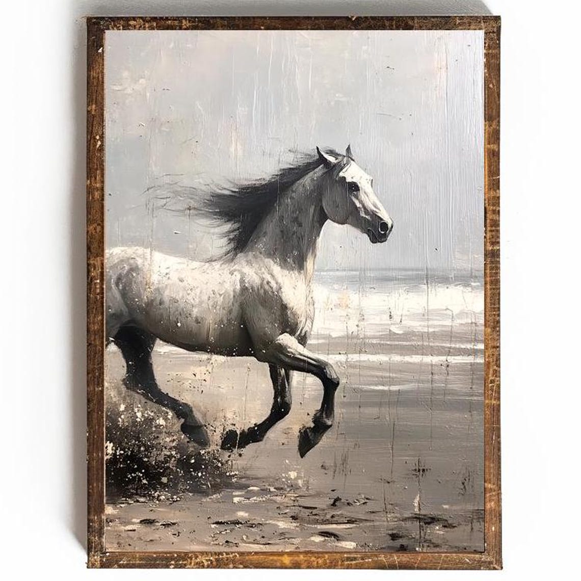 Dapple Grey Horse Galloping On Beach Muted Vintage Painting Poster