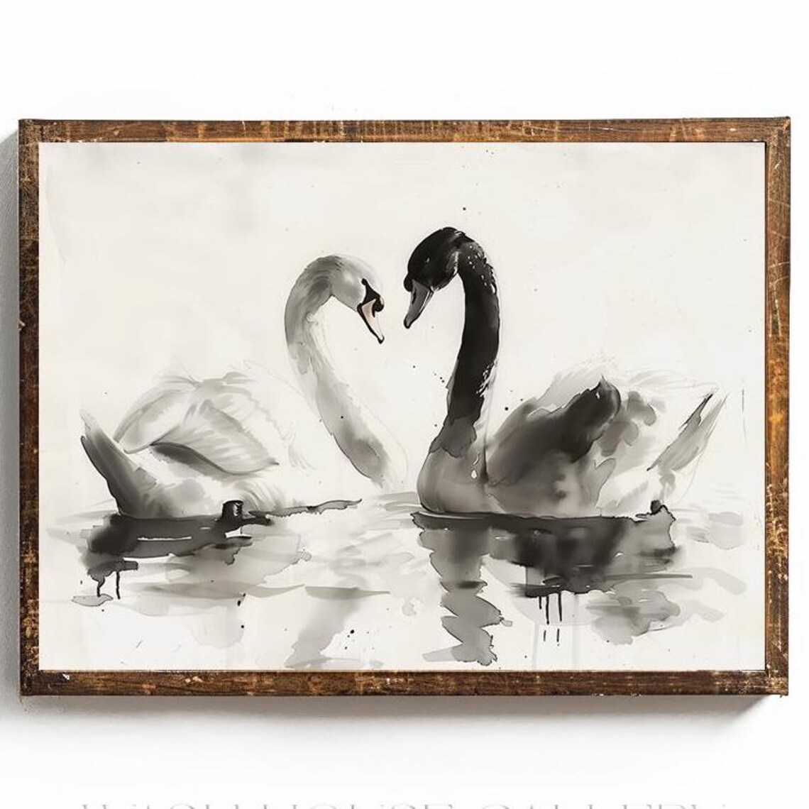 Black and White Swan Couple in Ink Watercolor Love Art Poster