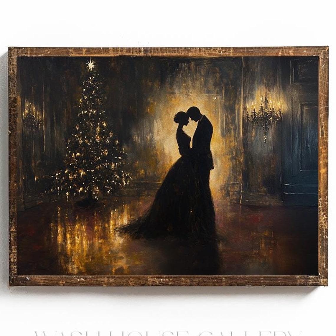 Romantic Couple Silhouette Dancing Beside Lit Christmas Tree Poster