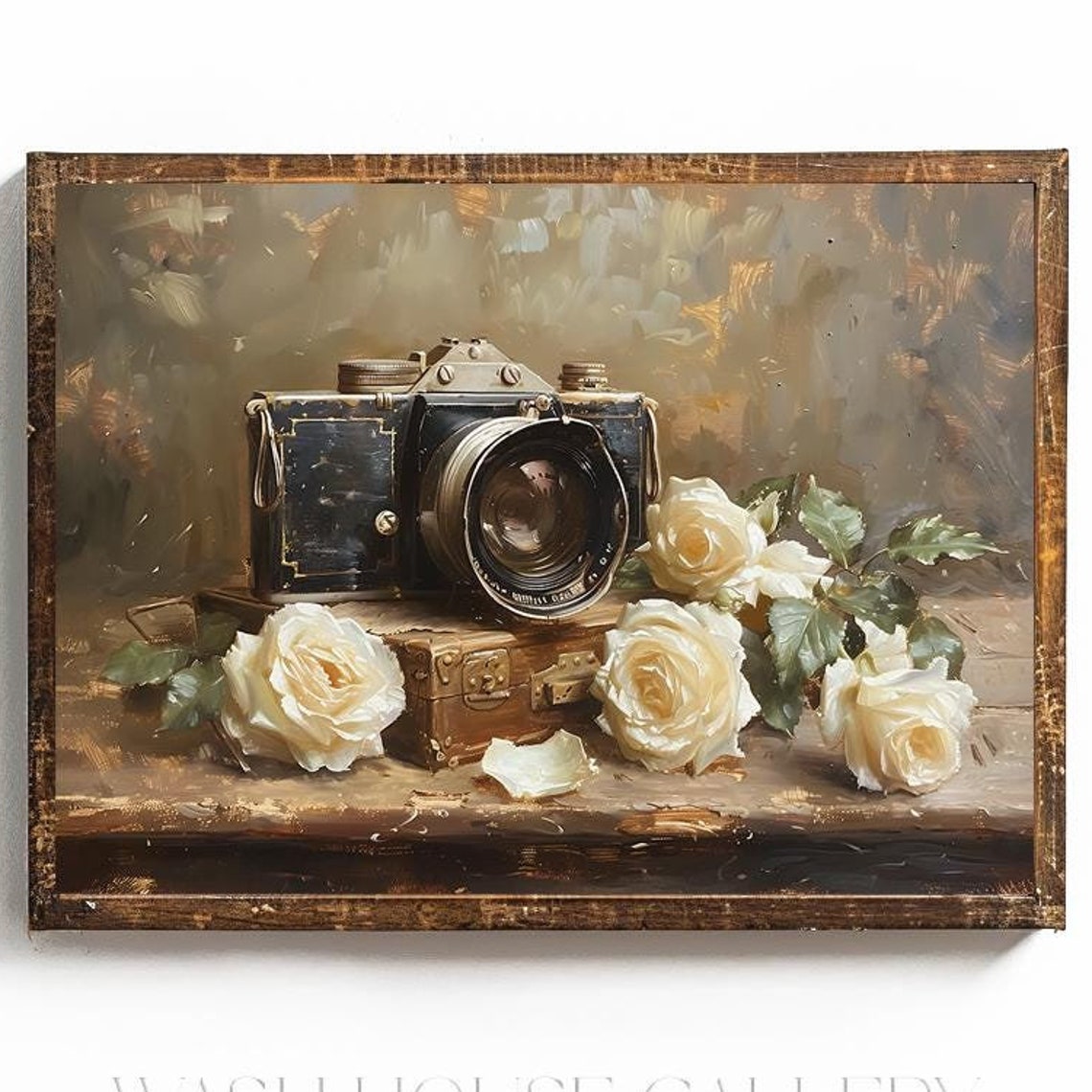 Vintage Film Camera with Ivory White Roses Rustic Still Life Poster