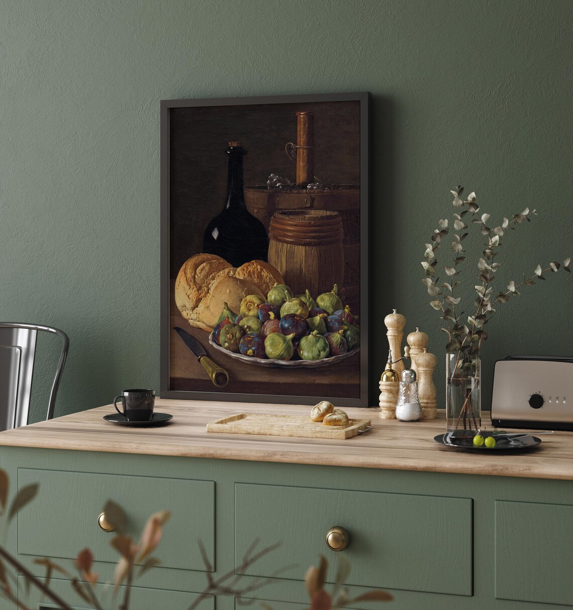 Vintage Still Life Figs Bread Dark Master Kitchen Painting Art Print - Image 3