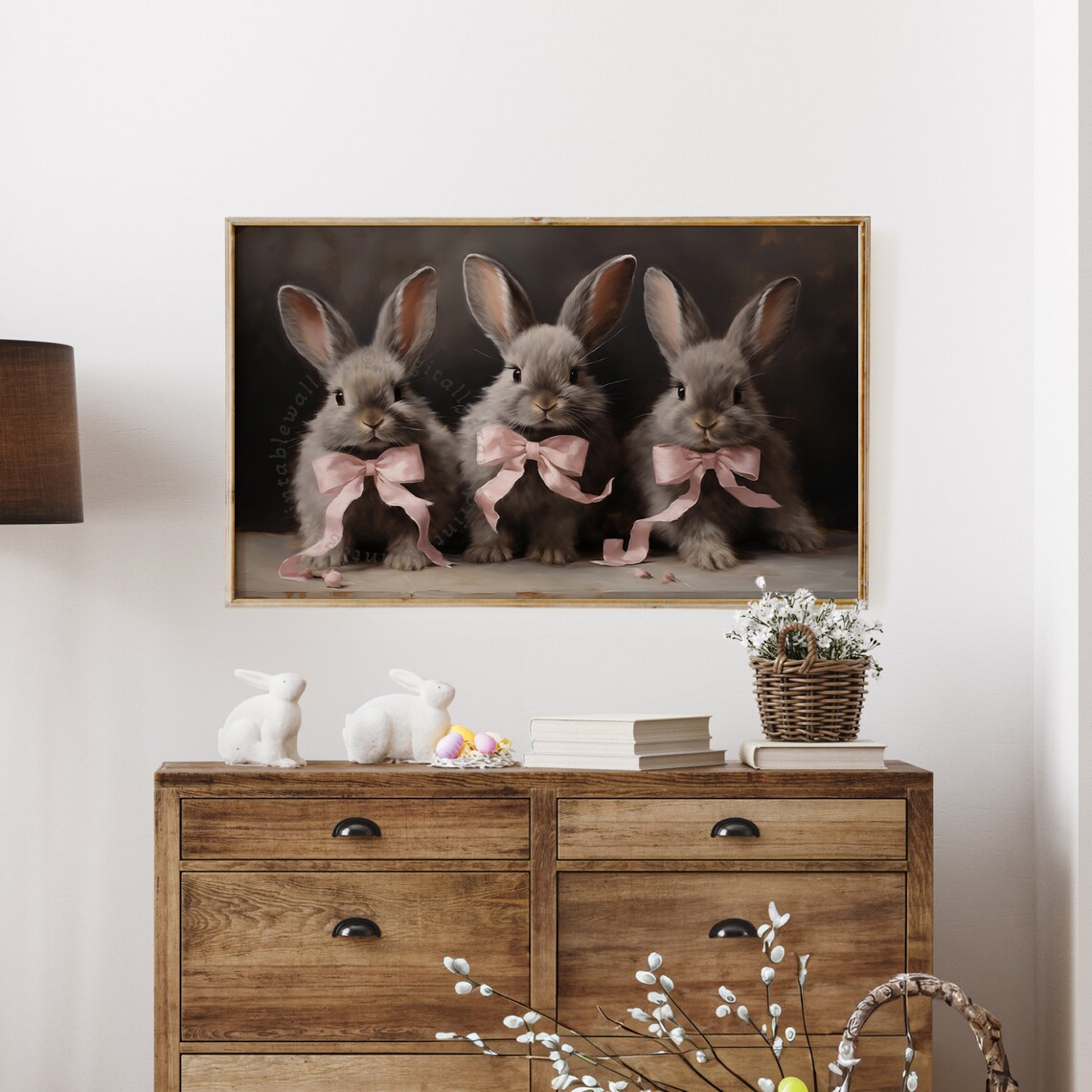 Three Baby Bunnies Pink Bows Moody Dark Vintage Easter TV Poster - Image 4