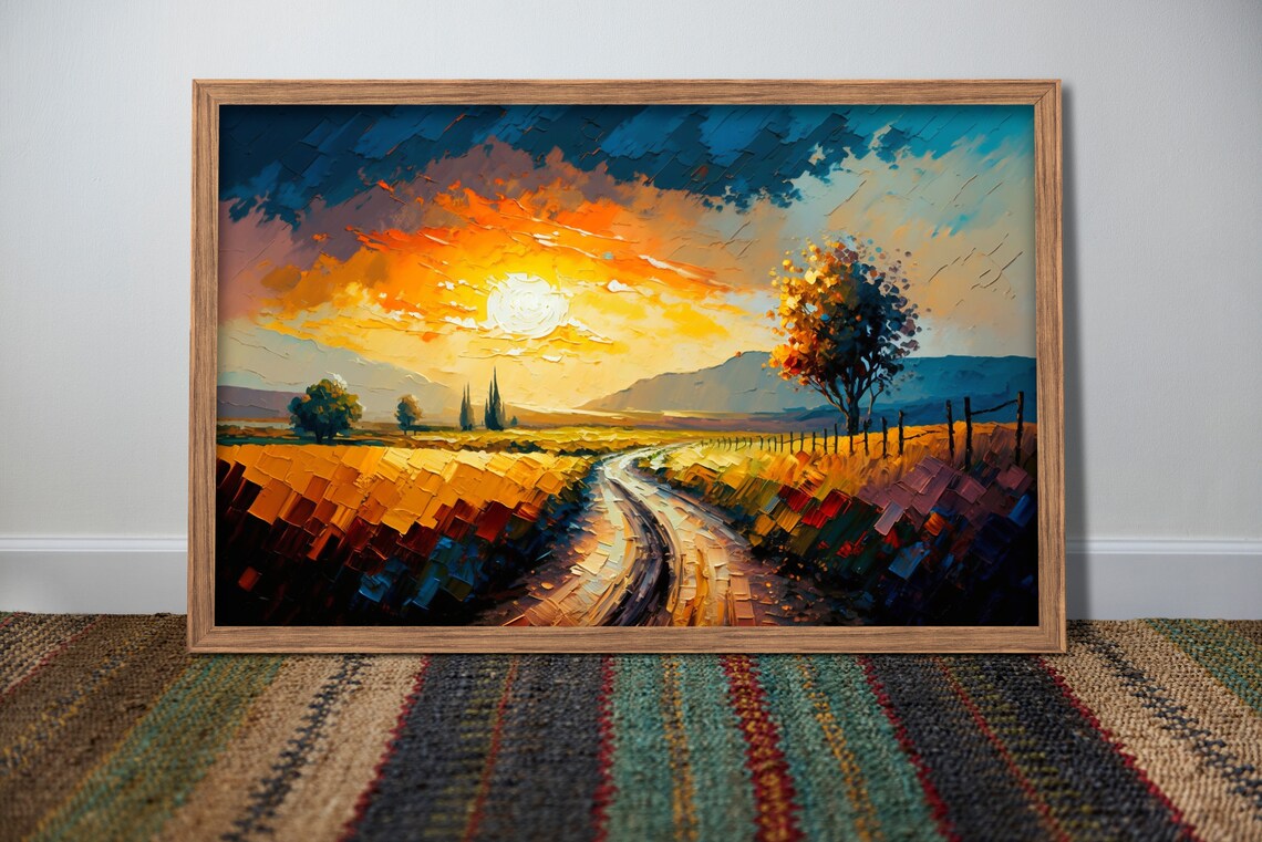Country Road Sunset Golden Wheat Fields Impasto Oil Painting Poster - Image 3