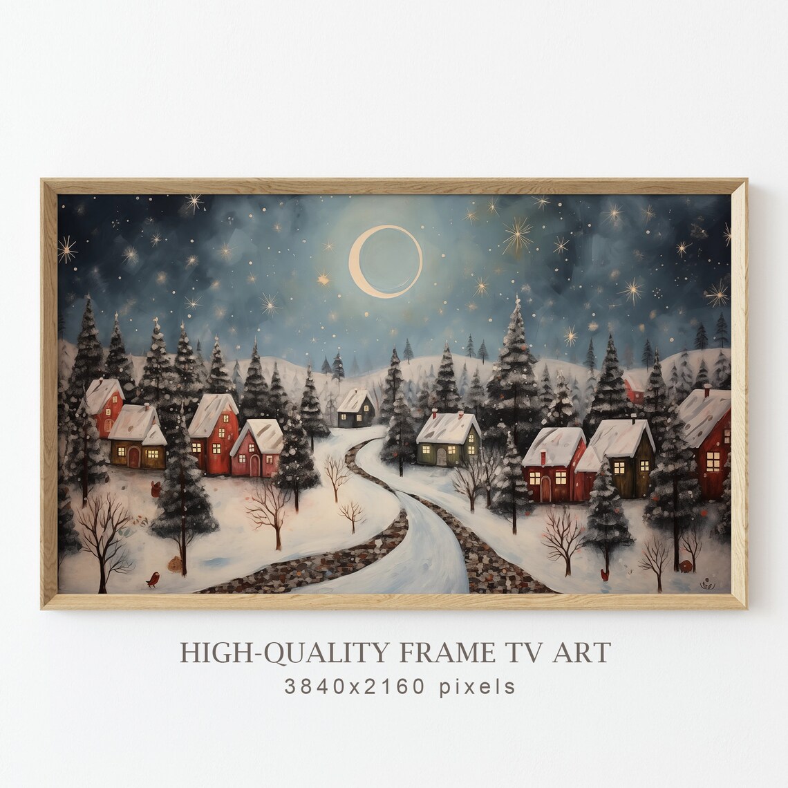 Snowy Village Under Crescent Moon Night Christmas Art Poster - Image 2