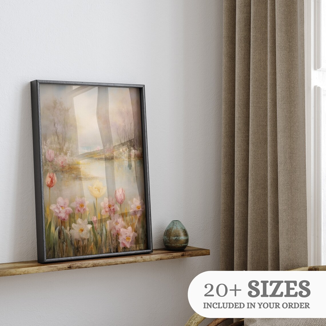 Pink Tulips By Misty Lake Spring Blossom Landscape Oil Art Print - Image 3