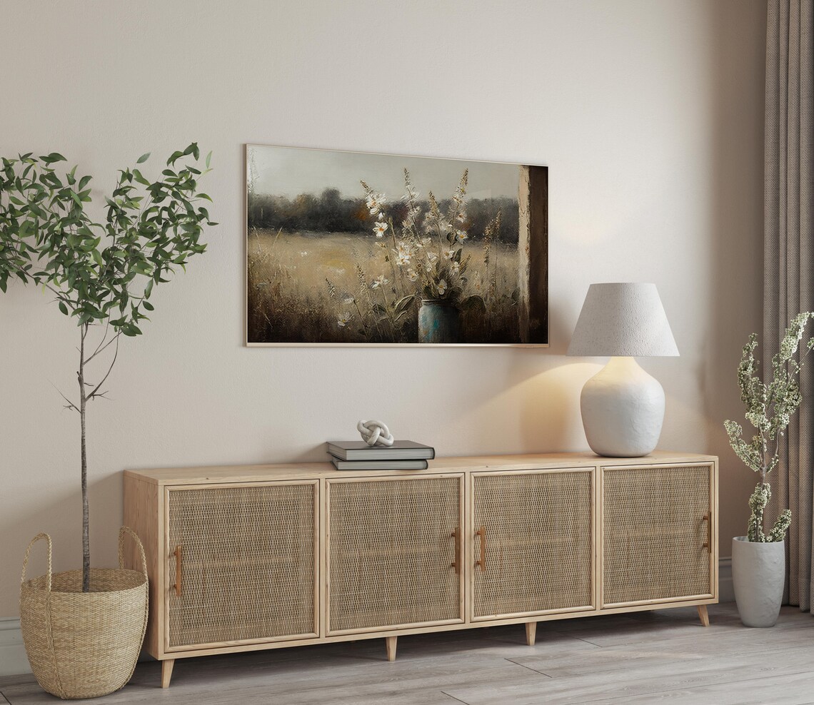 Wildflowers Vase Still Life Field View Vintage Oil Painting Farmhouse Poster - Image 3