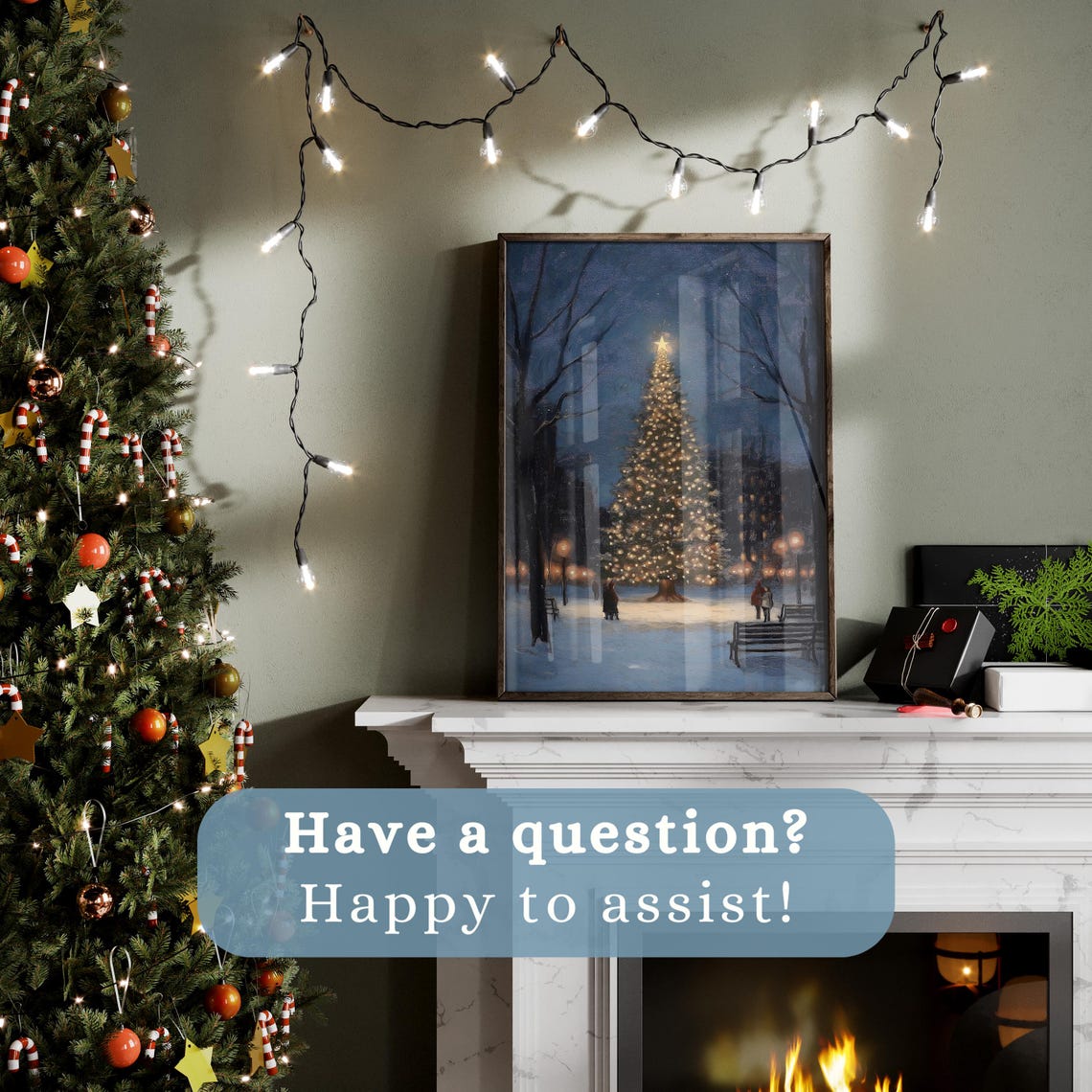 Lit Christmas Tree Snowy Park Night Benches Warm Lamps Poster - Image 3