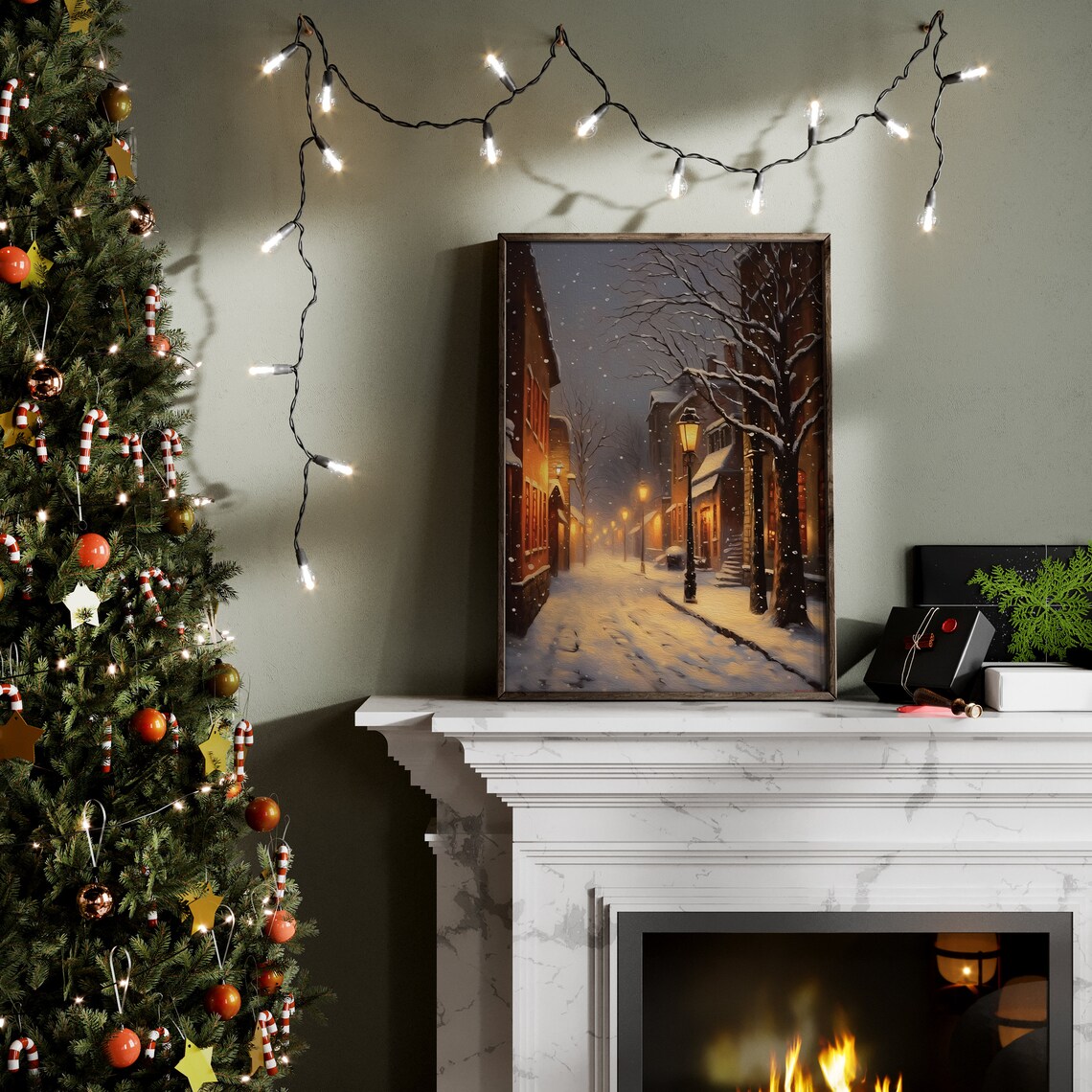 Snowy Night Street With Glowing Lampposts Winter City Snow Wall Art - Image 2