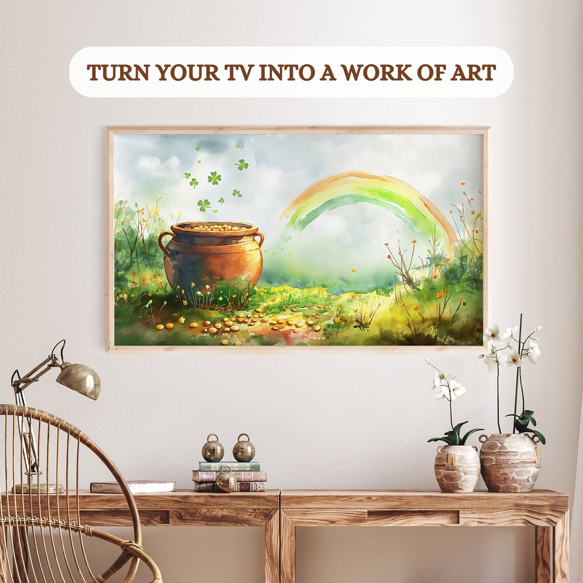 Saint Patrick Pot Of Gold Rainbow Shamrock Watercolor Frame TV Art Print - Image 3