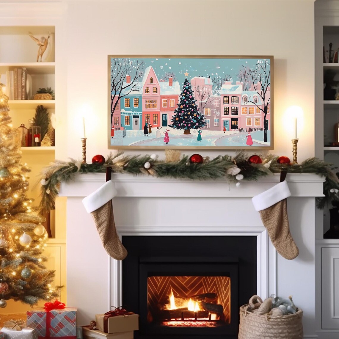 Snowy Pink Village Christmas Landscape Art Print - Image 4