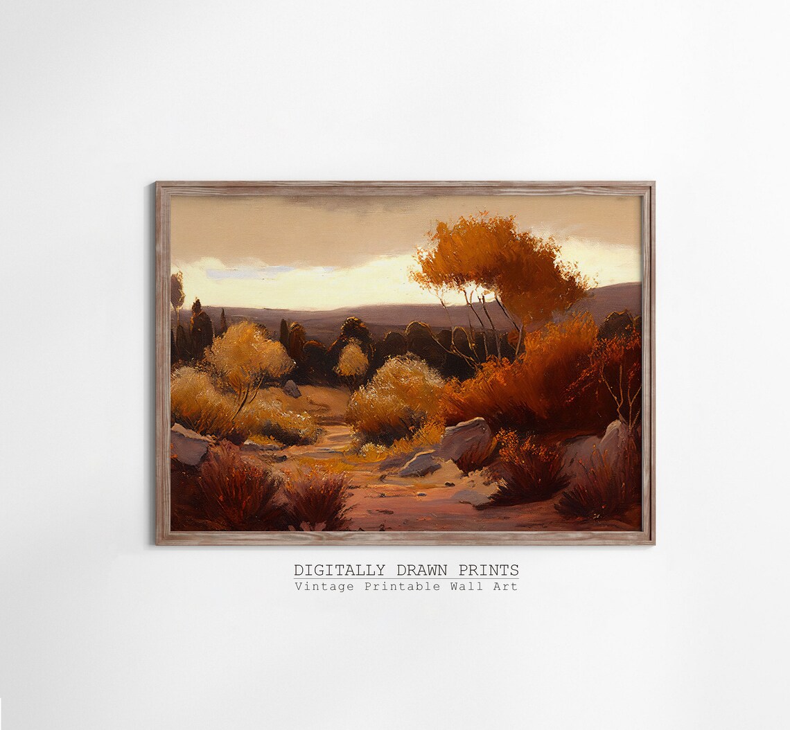 Autumn Rocky Hillside Golden Brush Sunset Path Vintage Landscape Painting Poster - Image 3