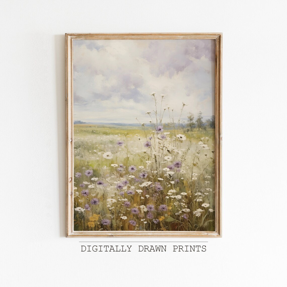 Spring Wildflower Field Landscape, Vintage Farmhouse Print