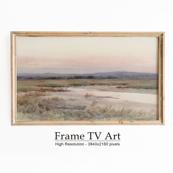 Misty Marsh Watercolor Rowboat Dawn Pink Sky Vintage Landscape Poster