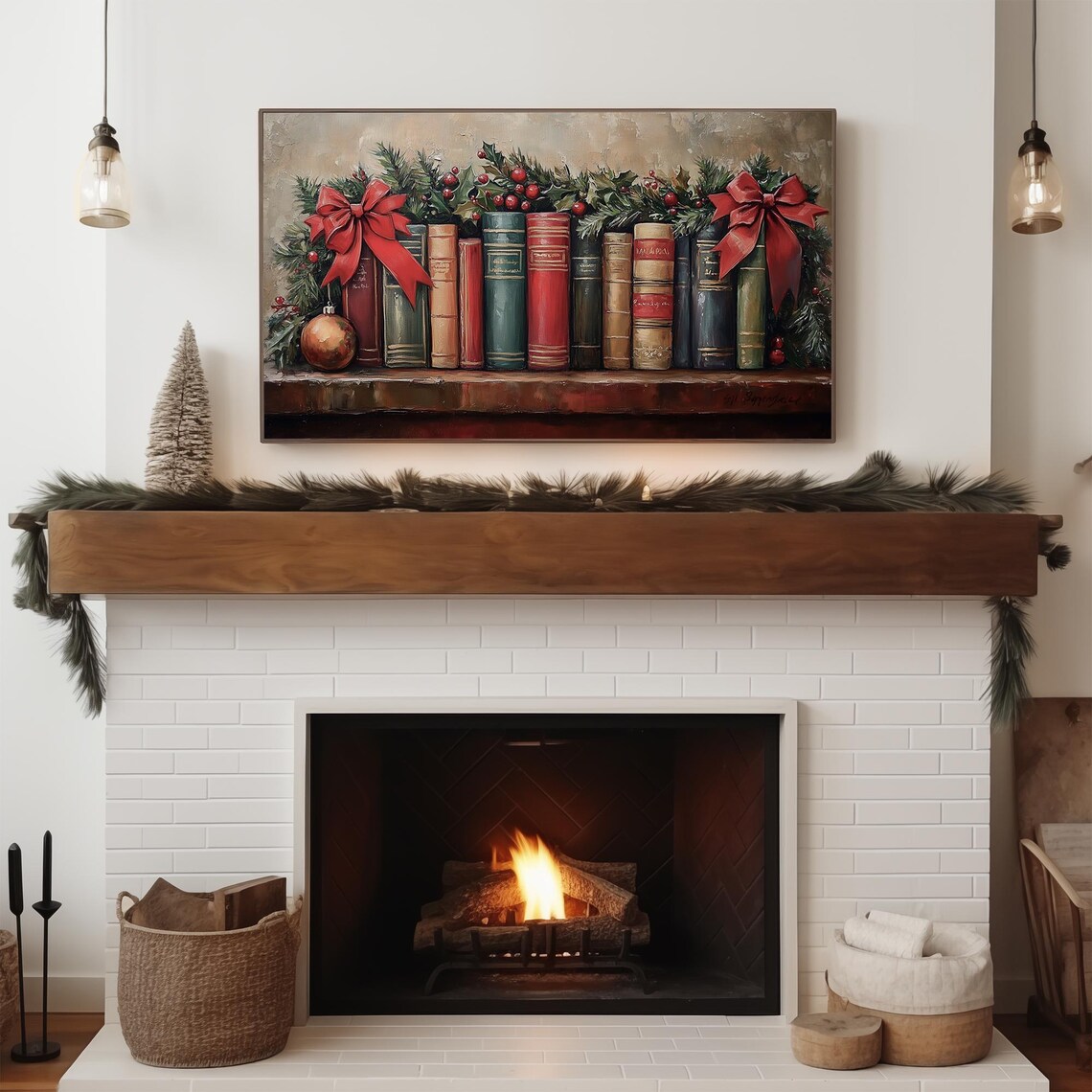 Vintage Christmas Bookshelf Still Life Red Bows Holly Poster - Image 3
