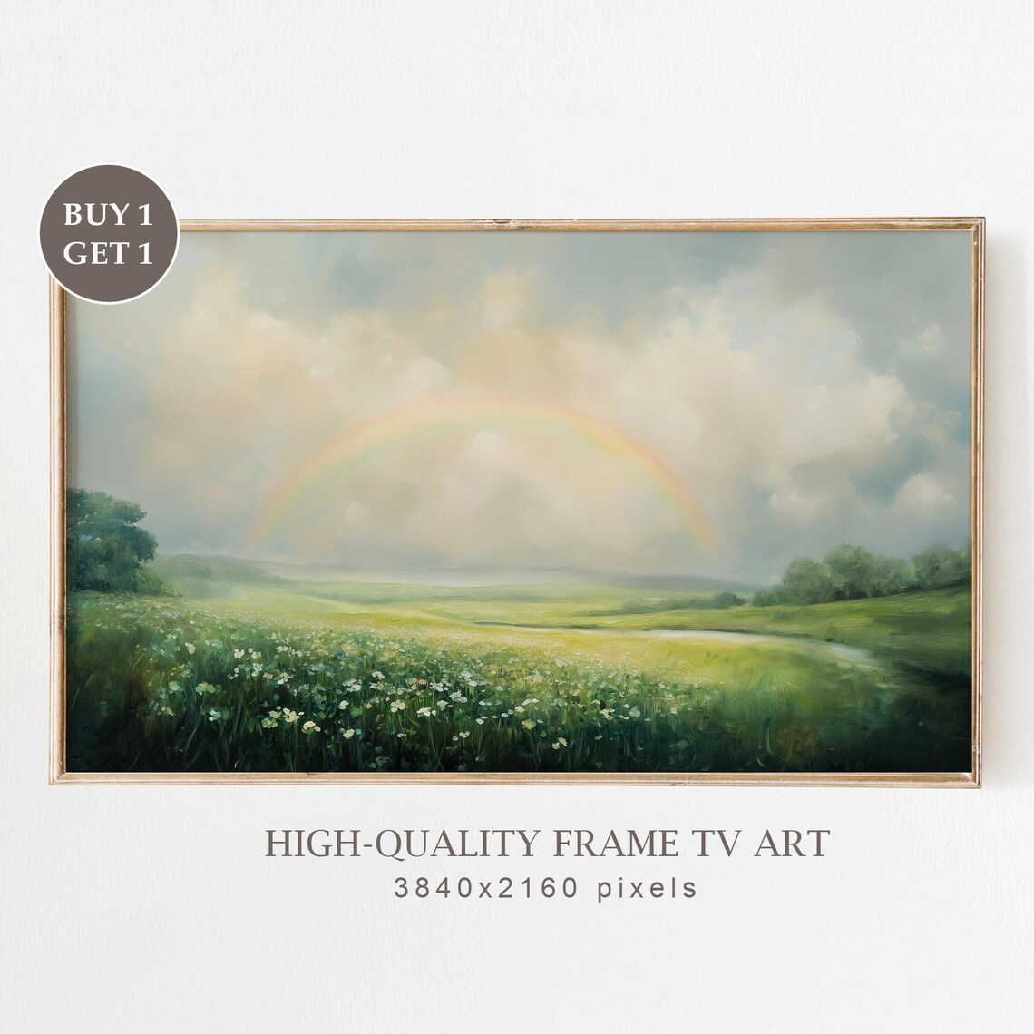 Rainbow Over Green Irish Meadow Peaceful Landscape Art Poster