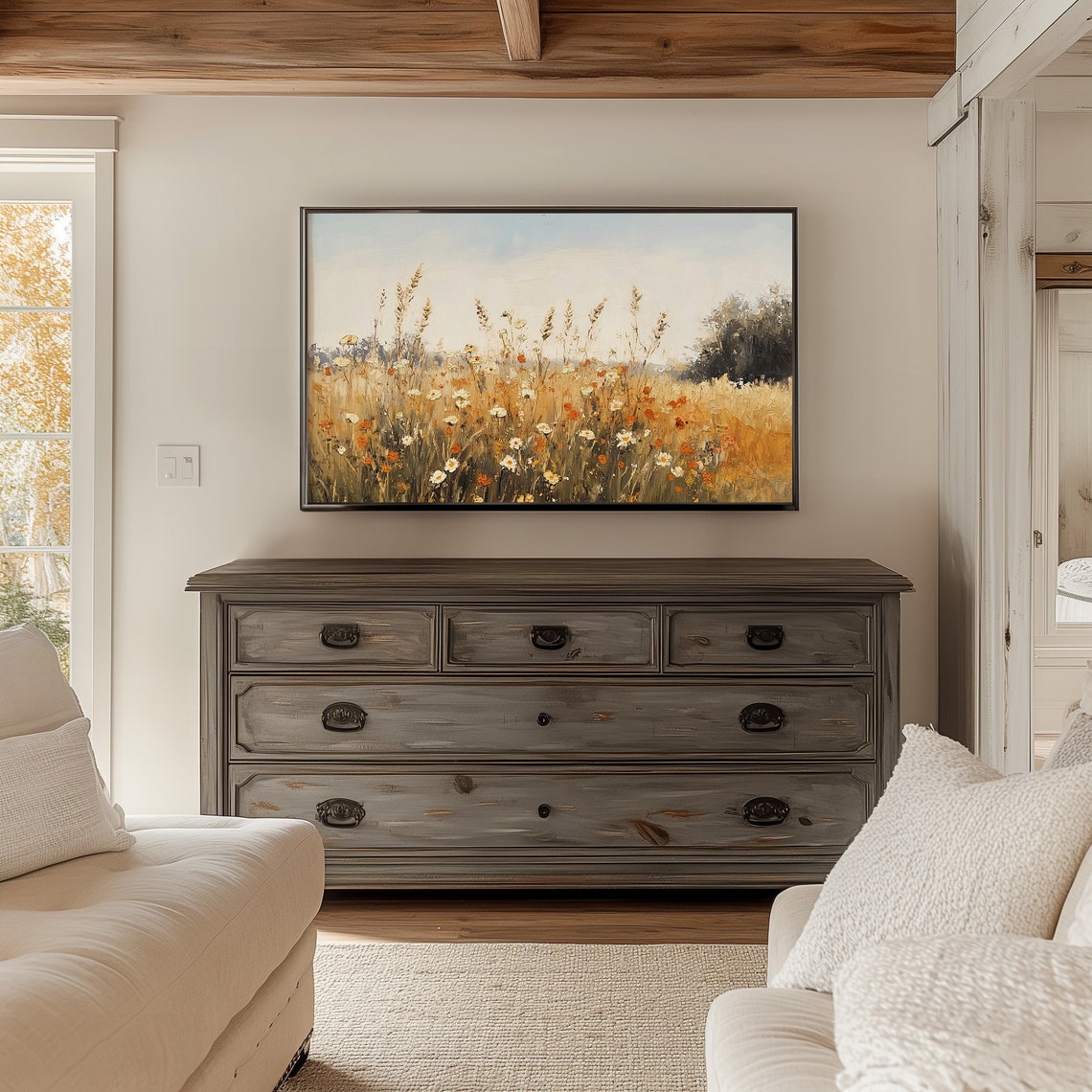 Frame Tv Art Vintage Autumn Painting Vintage Fall Decor Country Landscape Painting Fall Landscape Tv Art Field Of Flowers Tv Art - Image 2