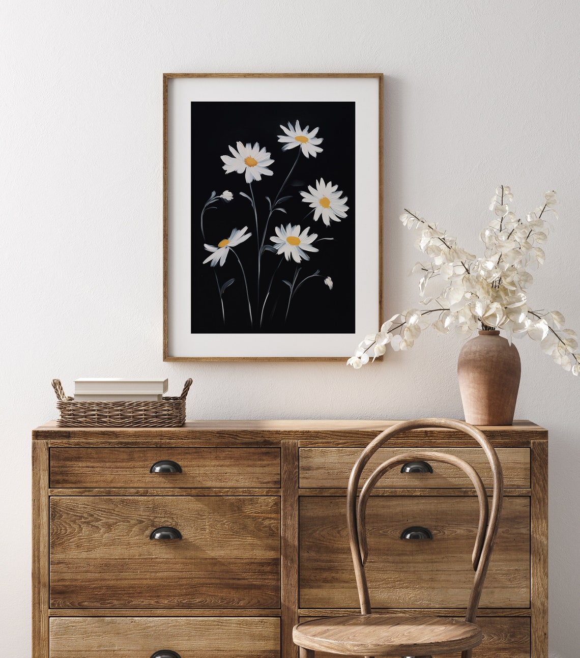 White Daisies Black Background Moody Botanical Flower Poster - Image 4