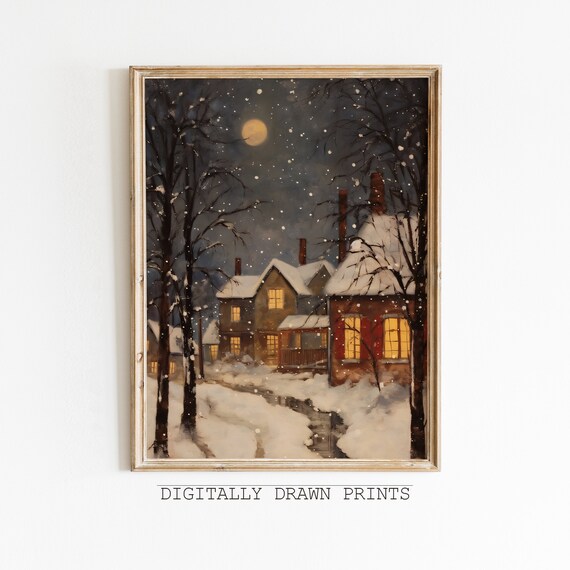 Vintage Christmas Winter Village Landscape Art Print