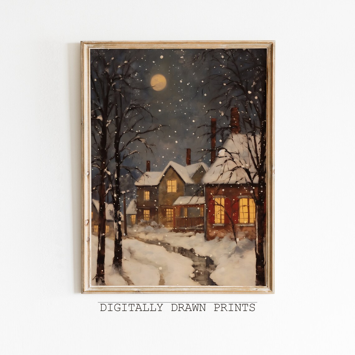 Vintage Christmas Winter Village Landscape Art Print