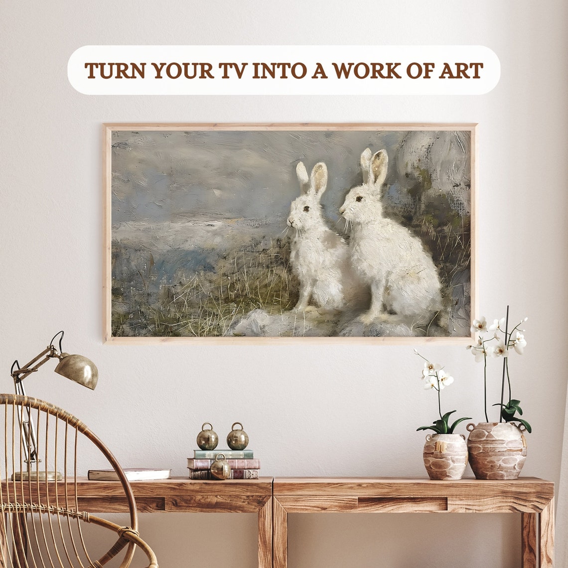 Two White Rabbits Misty Field Vintage Easter Frame TV Art Poster - Image 3
