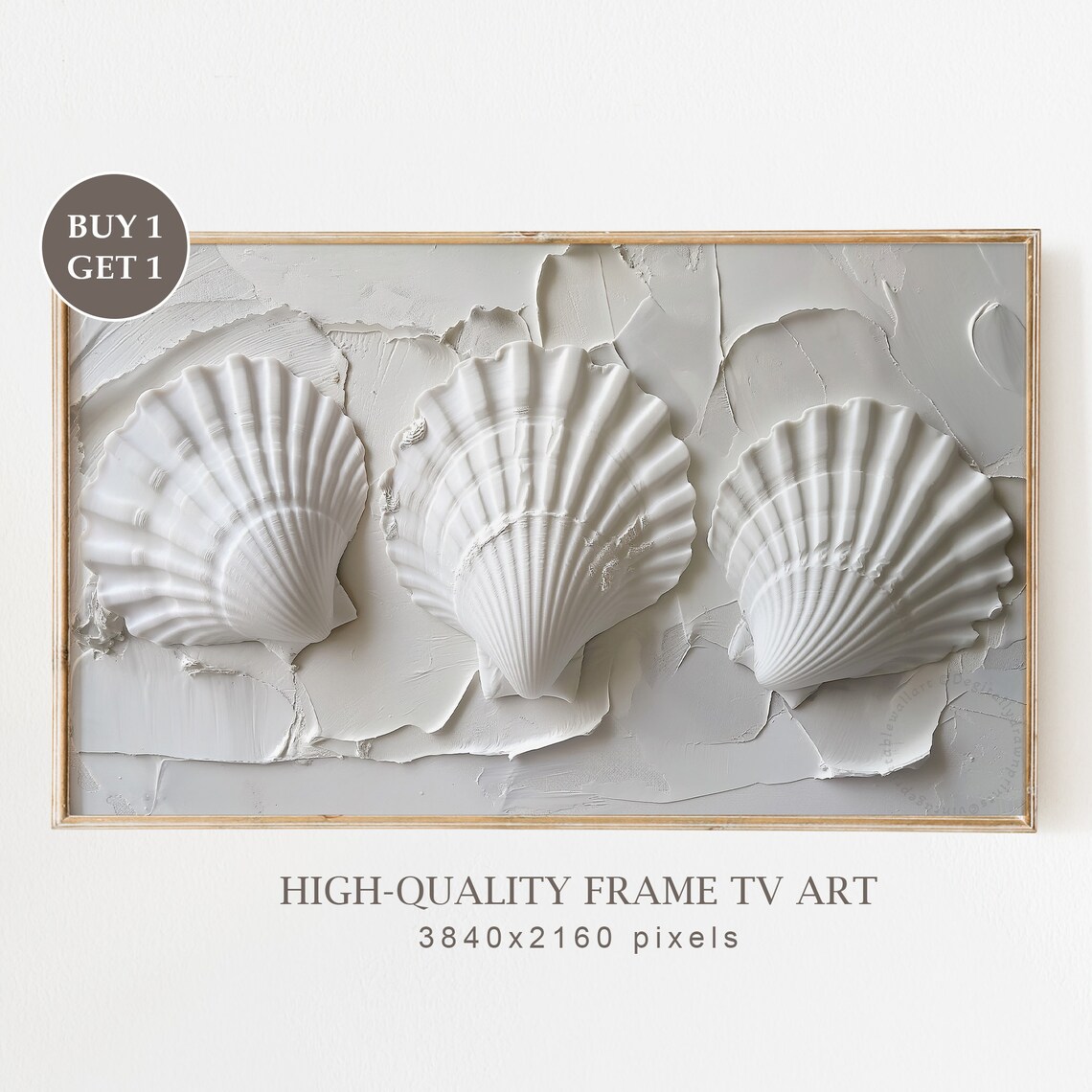 White Scallop Shells Textured 3D Plaster Coastal Beach Minimalist Art Poster