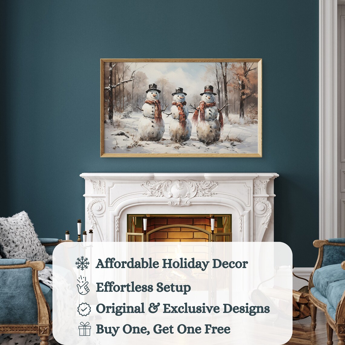 Winter Snowmen TV Frame Art, Vintage Christmas Decor - Image 3
