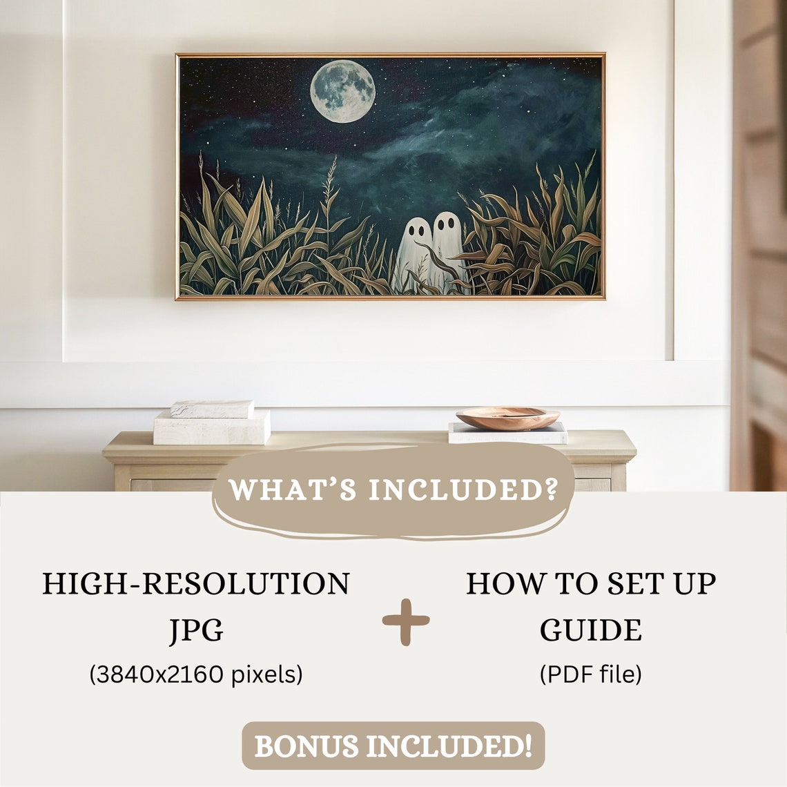 Two Cute Ghosts Moonlit Grass Field Starry Night Sky Halloween Poster - Image 2