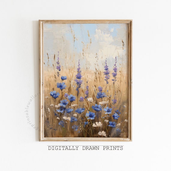 Wildflower Field Landscape, Vintage Floral Farmhouse Art Print