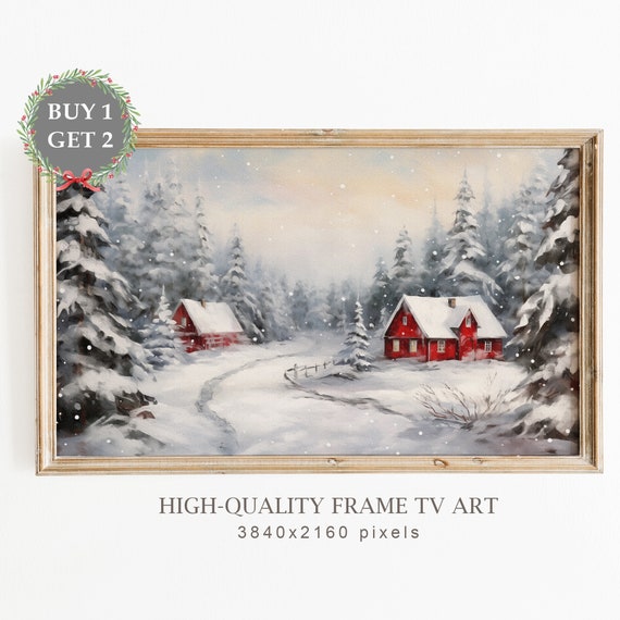 Christmas Cottage Snowy Landscape, Farmhouse Art Print