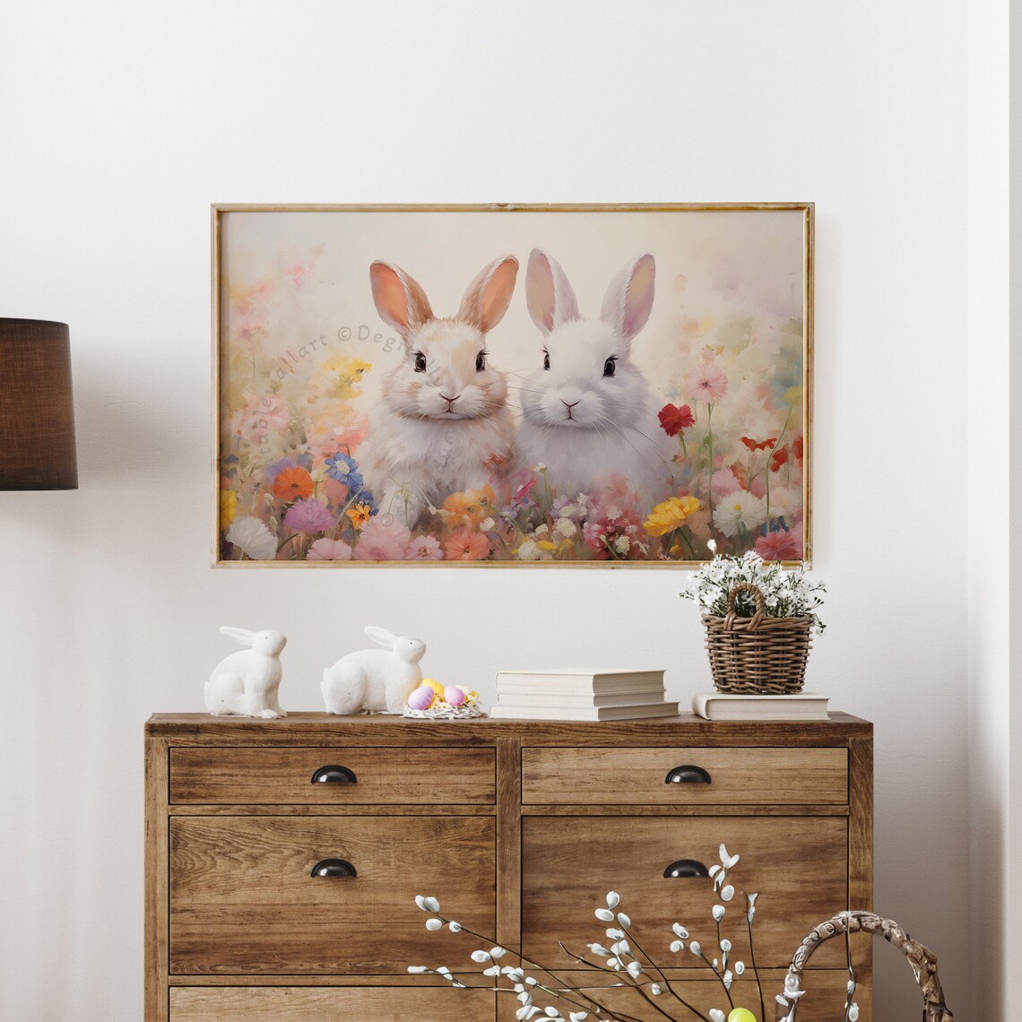 Two Bunnies Among Colorful Wildflowers Pastel Easter TV Art Poster - Image 4
