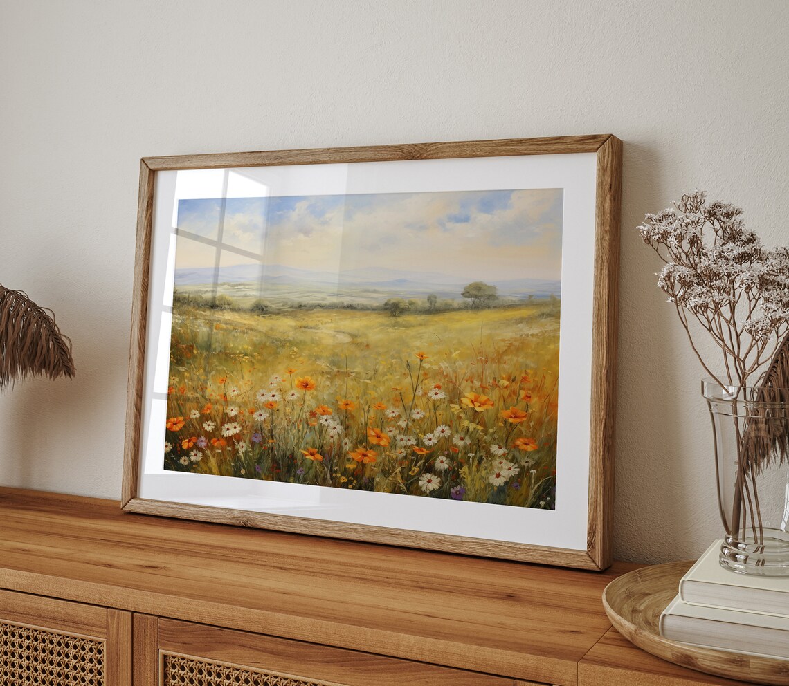 Golden Meadow Orange Poppies White Daisies Distant Hills Oil Print - Image 4