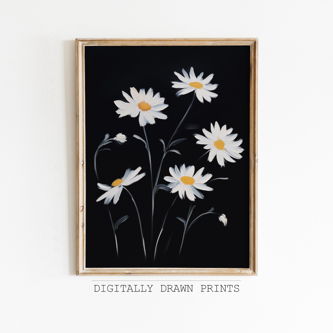 White Daisies Black Background Moody Botanical Flower Poster