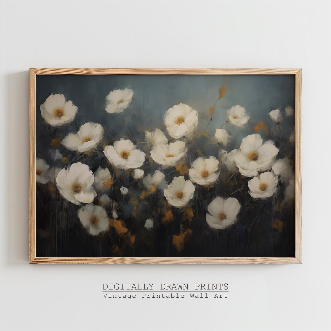 Moody White Cosmos Flowers on Dark Blue Rustic Botanical Print
