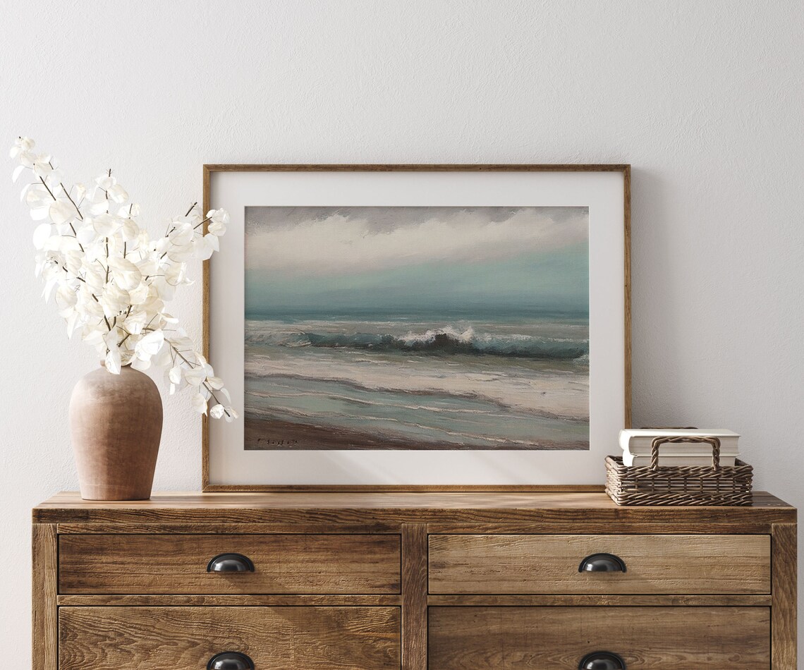 Vintage Coastal Seaside Painting, Neutral Landscape Art Print - Image 3