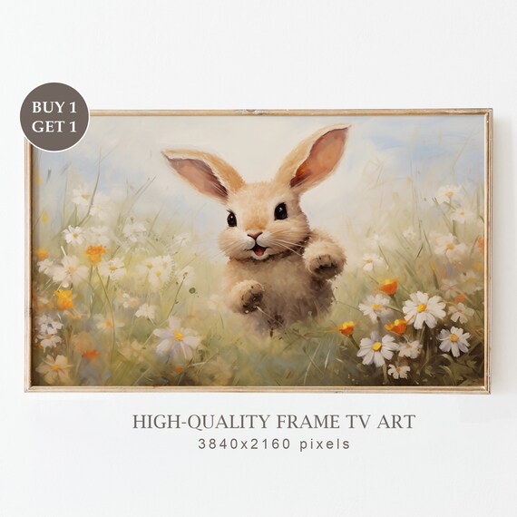 Cute Baby Bunny Jumping Wildflower Field Watercolor Easter TV Poster