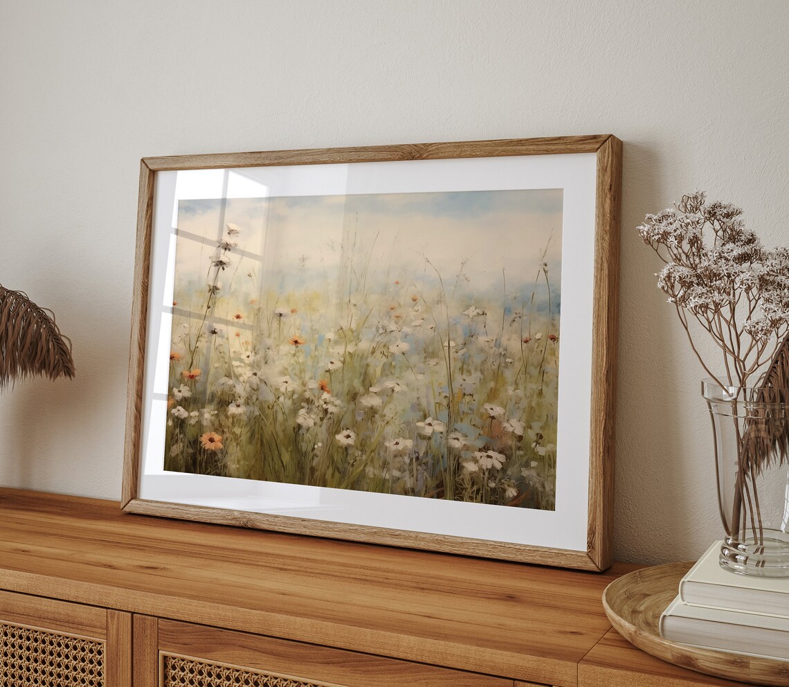 Delicate White Daisies Tall Grasses Neutral Vintage Floral Meadow Art Poster - Image 4