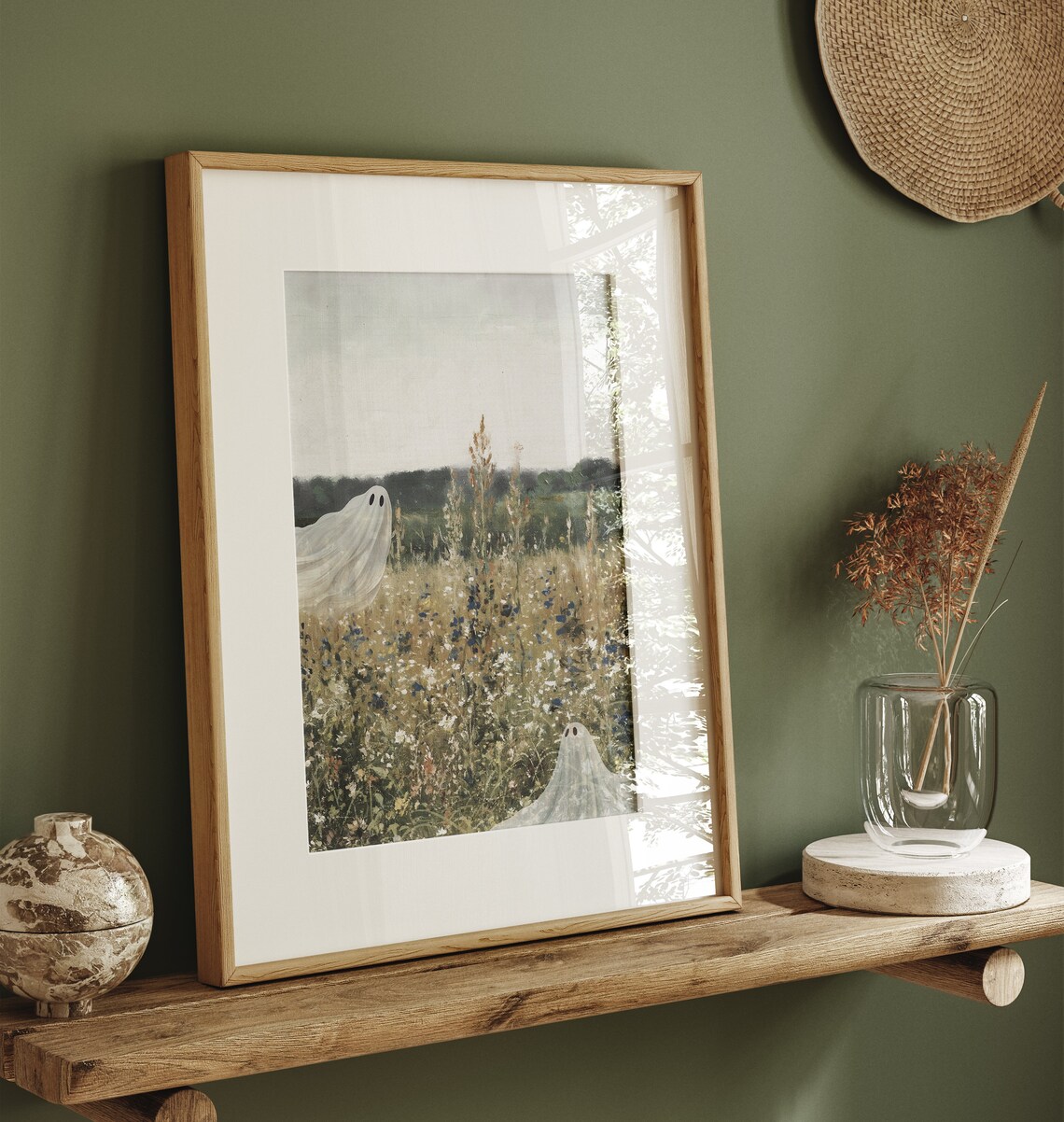 Cute Ghost On A Flower Meadow Vintage Art Print - Image 2