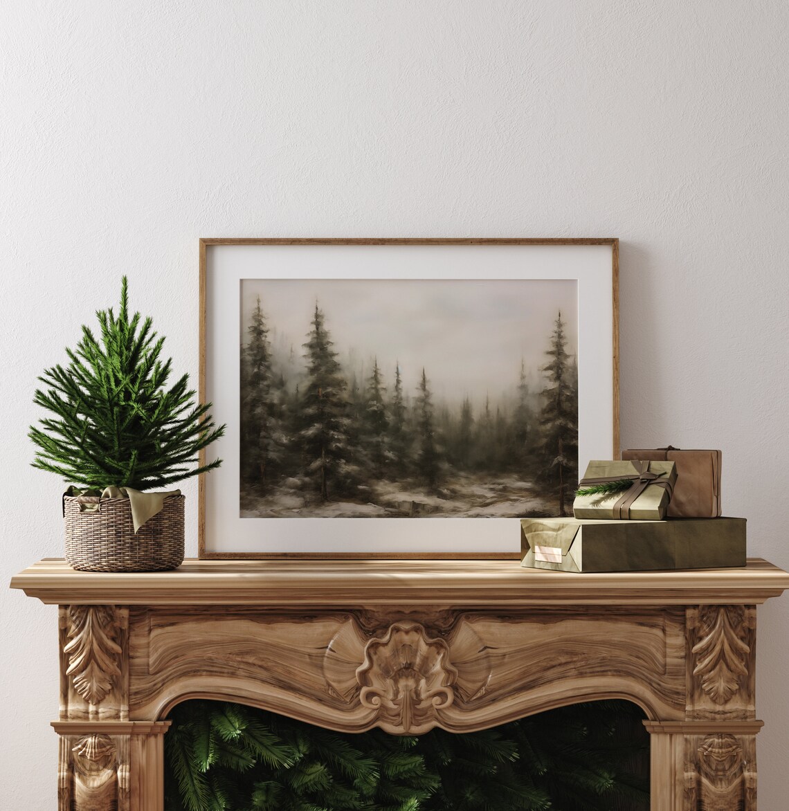 Moody Foggy Winter Pine Forest Neutral Vintage Christmas Poster - Image 4