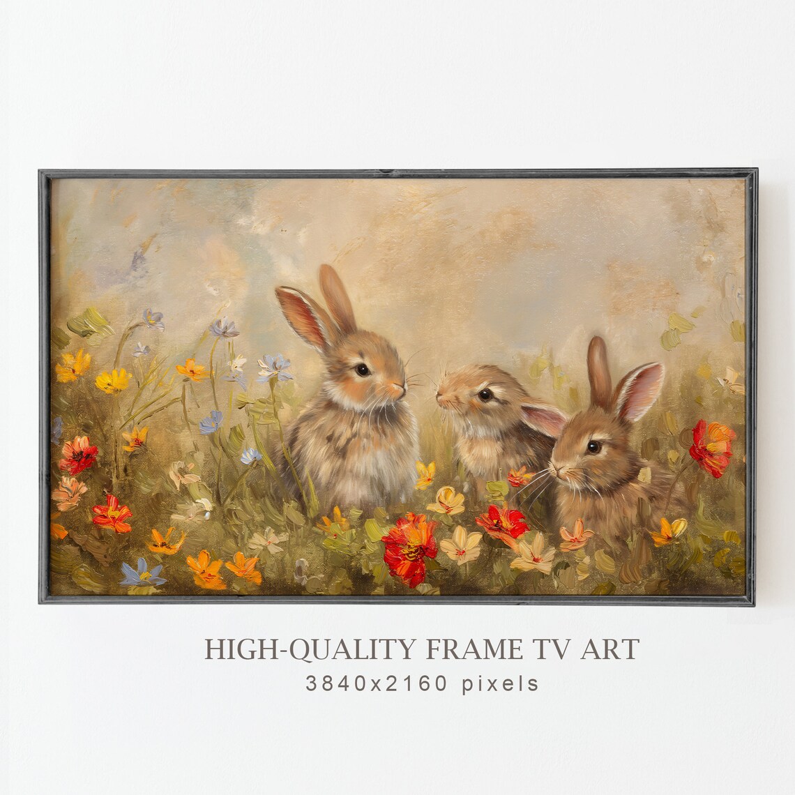 Three Baby Bunnies in Colorful Spring Wildflower Field Wall Art - Image 4