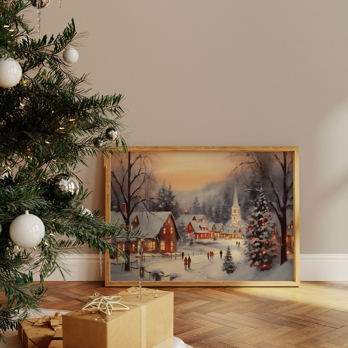 Christmas Village Oil Painting, Farmhouse Holiday Art Print - Image 2