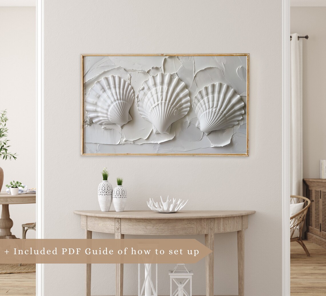 White Scallop Shells Textured 3D Plaster Coastal Beach Minimalist Art Poster - Image 3