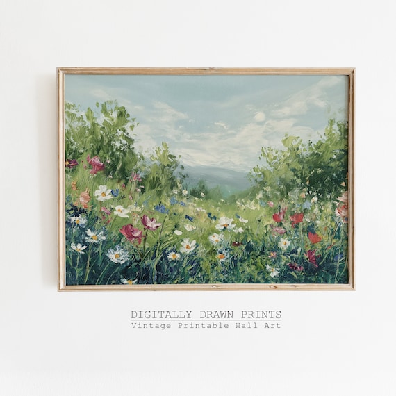 Spring Wildflower Meadow Lush Green Vintage Oil Painting Floral Wall Art