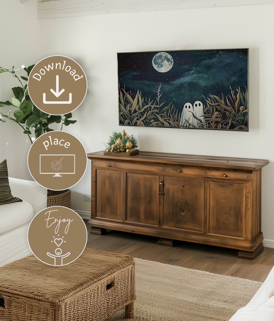 Two Cute Ghosts Moonlit Grass Field Starry Night Sky Halloween Poster - Image 3