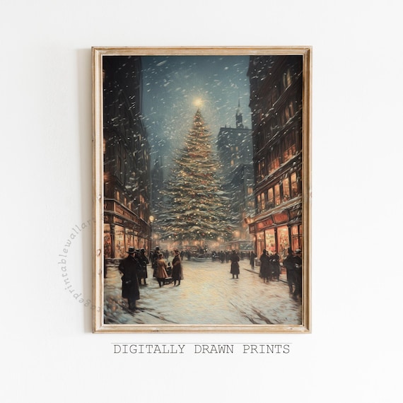 Moody Christmas Town Wall Art Snowy Winter Village Print Winter Town Art Vintage Christmas Wall Decor Instant
