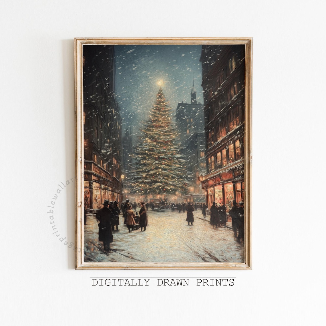 Vintage Christmas City Street Tree Snow Shoppers Golden Lights Poster