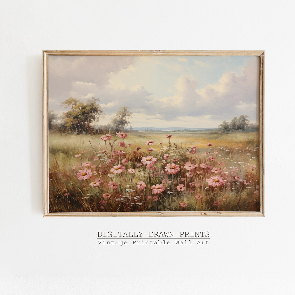 Wildflower Field Landscape, Vintage Oil Painting Print